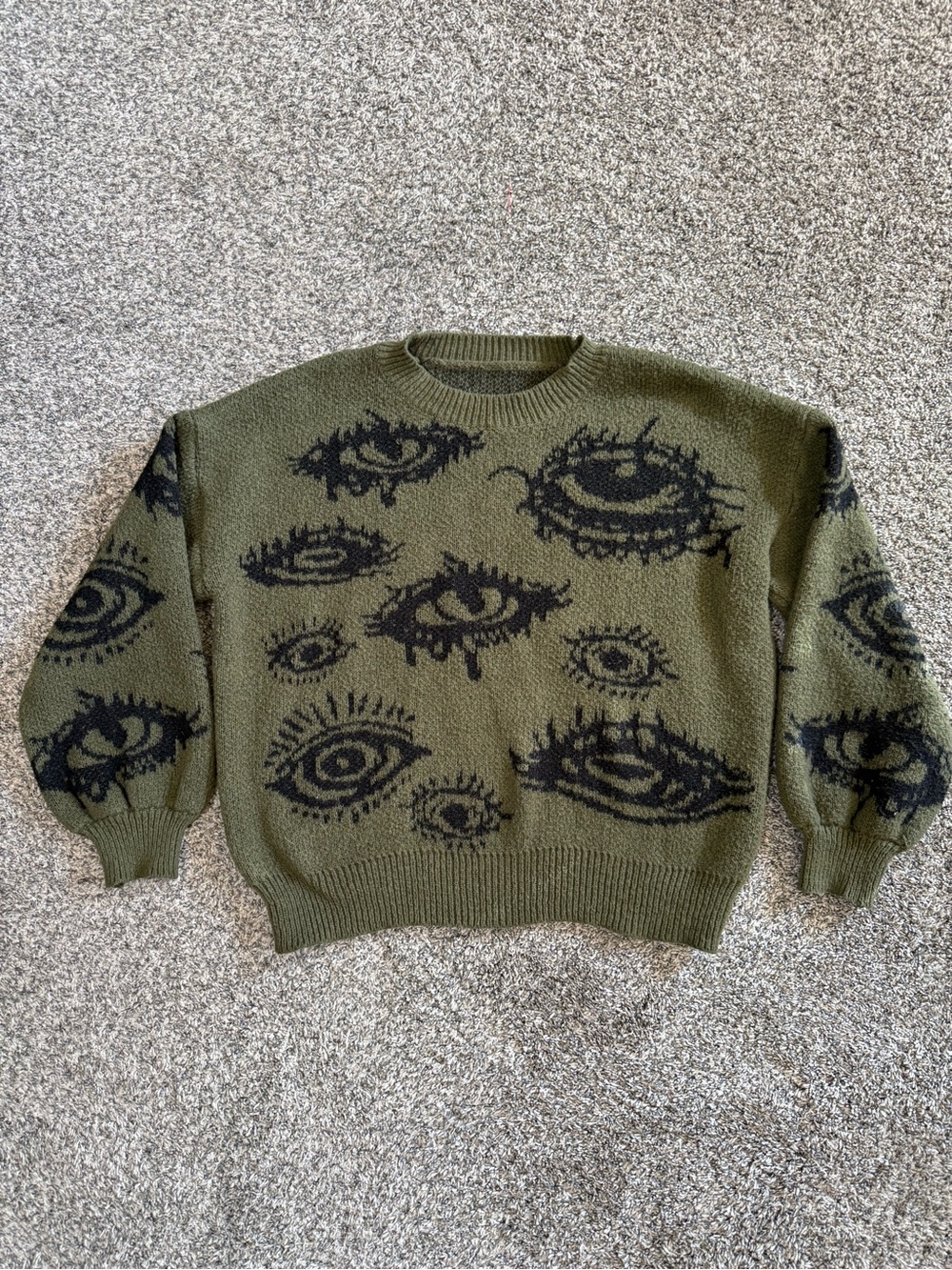 ROMWE Womens XS Eye Graphic Sweater Olive Green Black Goth Grunge Alt Knit